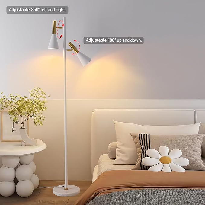 Elegant Modern Floor Lamp with 2 Adjustable Head,White and Gold Stand up Lamps with Marble Base,Tall Pole Uplight,Tree Floor Lamps for Living Room,Office - LeafyLoom