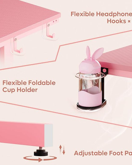 Bestier Gaming Desk with Power Outlets and USB Charging Ports, 52 Inch LED Small Computer Desk with Monitor Stand, Home Office Desk with Cup Holder & Headset Hooks, Desk for Office, Carbon Fiber Pink - LeafyLoom