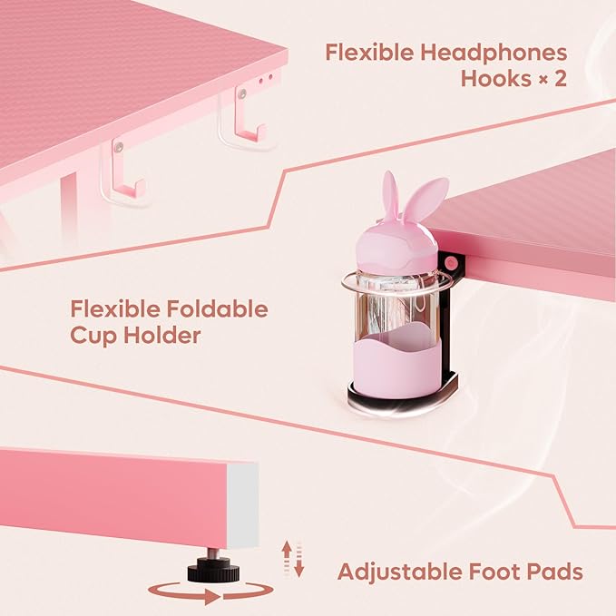 Bestier Gaming Desk with Power Outlets and USB Charging Ports, 52 Inch LED Small Computer Desk with Monitor Stand, Home Office Desk with Cup Holder & Headset Hooks, Desk for Office, Carbon Fiber Pink - LeafyLoom