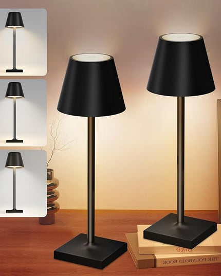 2 Pack Rechargeable Table Lamp, 3 Color Dimmable Modern Battery Powered Lamp, 5200mAh Touch Cordless LED Desk Lamp for Bedroom Reading Office Bar Cafe Patio (Black) - LeafyLoom