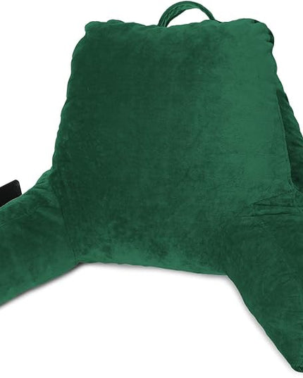 Clara Clark Reading Pillow for Kids, Small Back Pillow for Sitting Up in Bed, Memory Foam Back Support Pillow, Reading Pillows for Sitting in Bed, Dark Green Gaming Pillow with Arms and Pockets - LeafyLoom