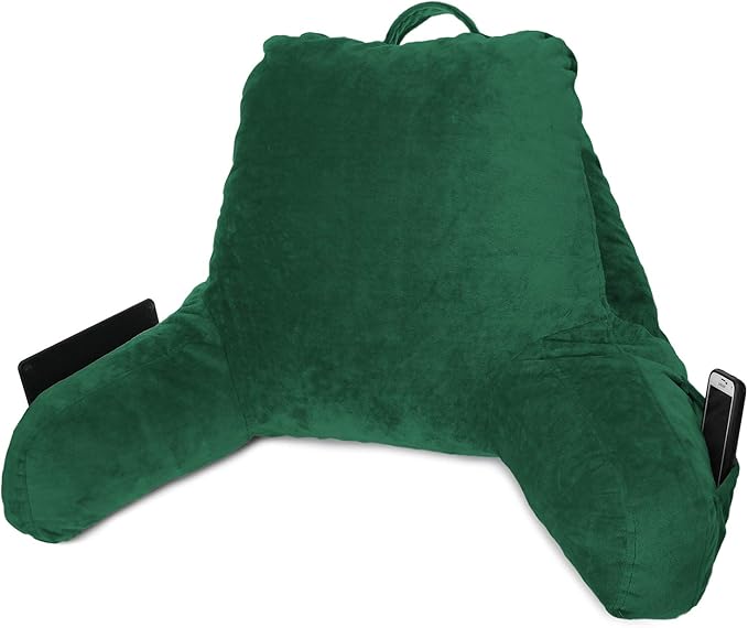 Clara Clark Reading Pillow, Standard Back Pillow for Sitting Up in Bed, Memory Foam Back Support Pillow, Reading Pillows for Sitting in Bed, Dark Green Sit Up Pillow for Bed, Arm Pillow with Pockets - LeafyLoom