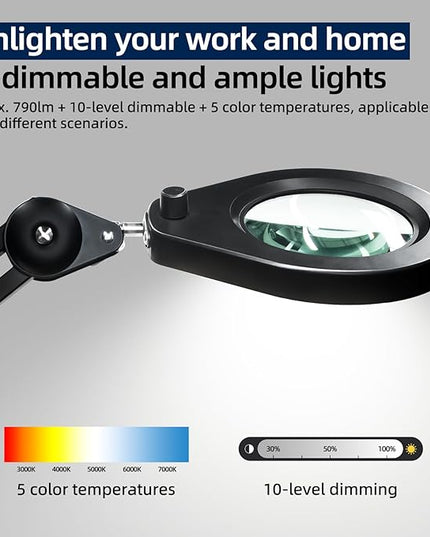 LED Magnifying Lamp with Premium Swing Arm, 5X Magnifying Glass with 5-Color Dimmable Light, Heavy-Duty Work Lamp Hands Free for Crafts, Precision Work, Estheticians - New Rotary Switch Design - LeafyLoom