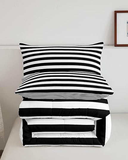 Striped Comforter Set Black and White Stripe Bedding Set King Kids Boys Girls Women Men Farmhouse Ticking Stripes Duvet Set Modern Geometric Lines Adults Abstract Gothic Home Decor Soft Reversible - LeafyLoom