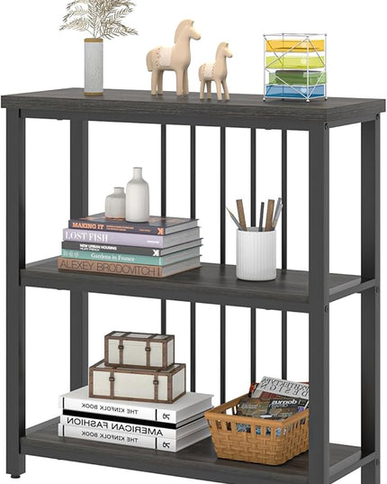 FOLUBAN 3 Tier Book Shelf, Modern Short Bookshelf for Small Space, Industrial Wood and Metal Bookcase for Bedroom, Living Room, Office (Dark Gray Oak) - LeafyLoom