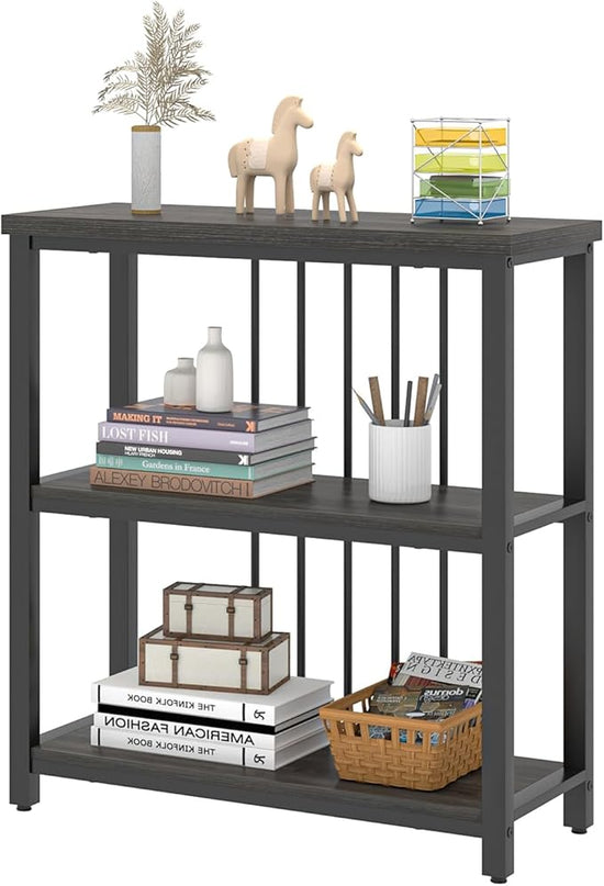 FOLUBAN 3 Tier Book Shelf, Modern Short Bookshelf for Small Space, Industrial Wood and Metal Bookcase for Bedroom, Living Room, Office (Dark Gray Oak) - LeafyLoom