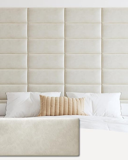 Wall Mounted Upholstered Headboard Queen, 3D Peel and Stick Soundproof Wall Panels, Reusable and Removable Padded Headboard Leather Bed Headboard, 9 Panels Headboard 9.84" x 23.62", Ivory White - LeafyLoom