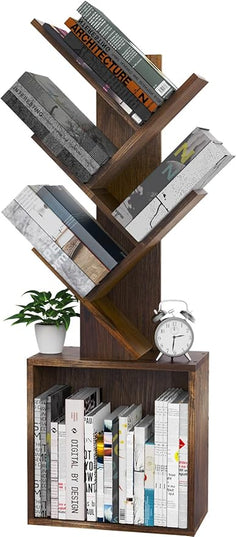 Ochine Tree Bookshelf, 5 Tier Small Bookcase with Large Drawer, Tall Wood Narrow Bookshelves Organizer for CDs/Movies/Books, Floor Standing Book Shelf for Bedroom, Living Room, Home Office - LeafyLoom