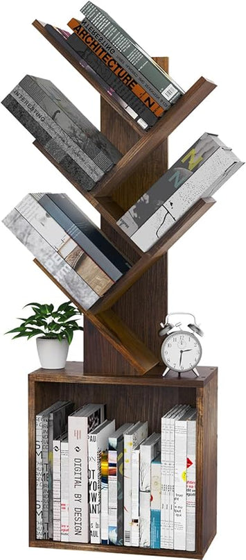 Ochine Tree Bookshelf, 5 Tier Small Bookcase with Large Drawer, Tall Wood Narrow Bookshelves Organizer for CDs/Movies/Books, Floor Standing Book Shelf for Bedroom, Living Room, Home Office - LeafyLoom