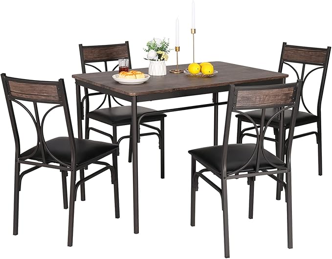 VECELO 5 Piece Kitchen Room Chairs Set for Home, Dinette, Breakfast Nook, Farmhouse, Small Space, Dining Table for 4, Dark Brown - LeafyLoom