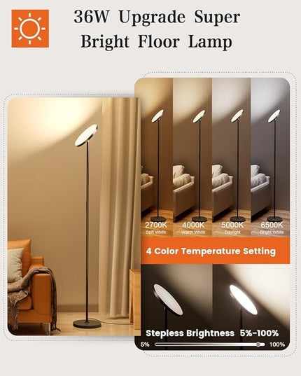 OHLUX Floor Lamp,36W/3000LM Sky LED Modern Torchiere 5 Color Temperatures Super Bright Floor Lamps, Dimmable Tall Standing Pole Light with Remote & Touch Control for Living Room,Bedroom,Office-Black - LeafyLoom