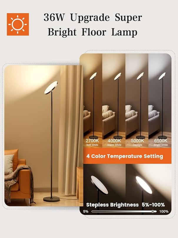 OHLUX Floor Lamp,36W/3000LM Sky LED Modern Torchiere 5 Color Temperatures Super Bright Floor Lamps, Dimmable Tall Standing Pole Light with Remote & Touch Control for Living Room,Bedroom,Office-Black - LeafyLoom