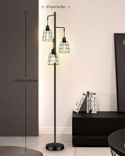 Industrial 3-Light Tree Floor Lamp with Cup-shaped Cages Farmhouse Rustic Tall Standing Lamp for Living Room Vintage Elegant Black Pole Light with Edison E26 Base Metal Shade for Bedroom Office Hotel - LeafyLoom