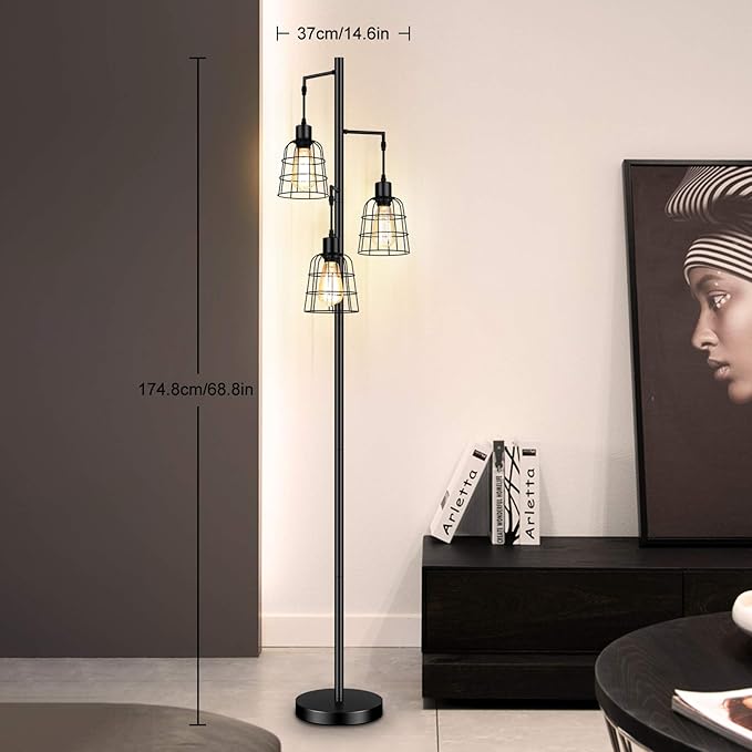 Industrial 3-Light Tree Floor Lamp with Cup-shaped Cages Farmhouse Rustic Tall Standing Lamp for Living Room Vintage Elegant Black Pole Light with Edison E26 Base Metal Shade for Bedroom Office Hotel - LeafyLoom