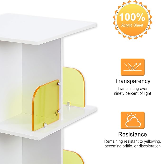 VECELO 4 Tier Rotating Bookshelf,360° Corner Display Shelf with Wheels, Book Storage with Acrylic Windows for Home Office, Living Room, Study Room, Bedroom, Small Footprint Large Capacity, White - LeafyLoom