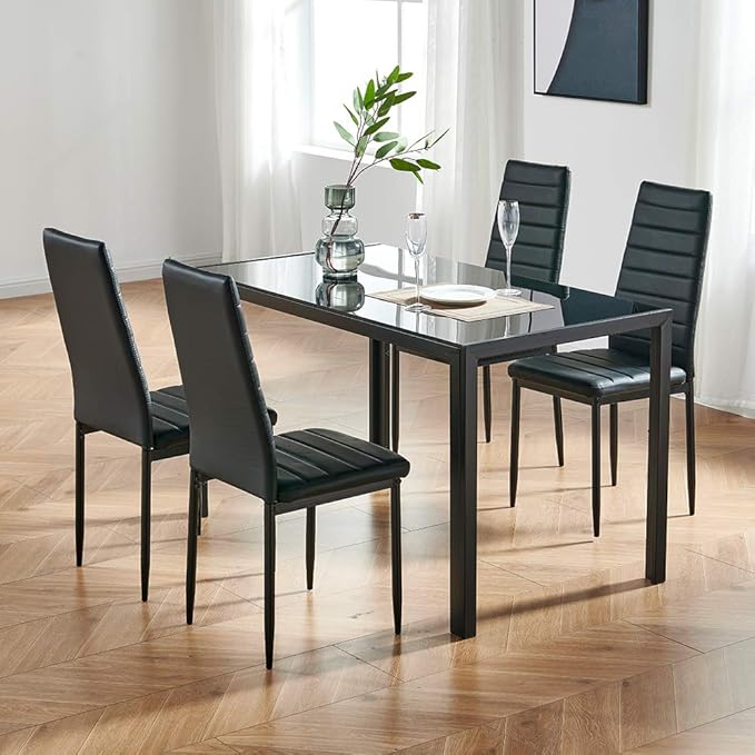 IDS Home Rectangular with Metal Legs for 4/6 Persons Transparent Glass Top Kitchen Dining Table, 51.2", Black - LeafyLoom