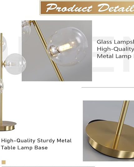 Mid Century Gold Globe Table Lamp Modern Golden Desk Reading Lamp Contemporary Brass Metal Nightstand Lamp with Clear Glass Shade Bedside Lamp for Bedroom Study Room Office MTL03-C - LeafyLoom