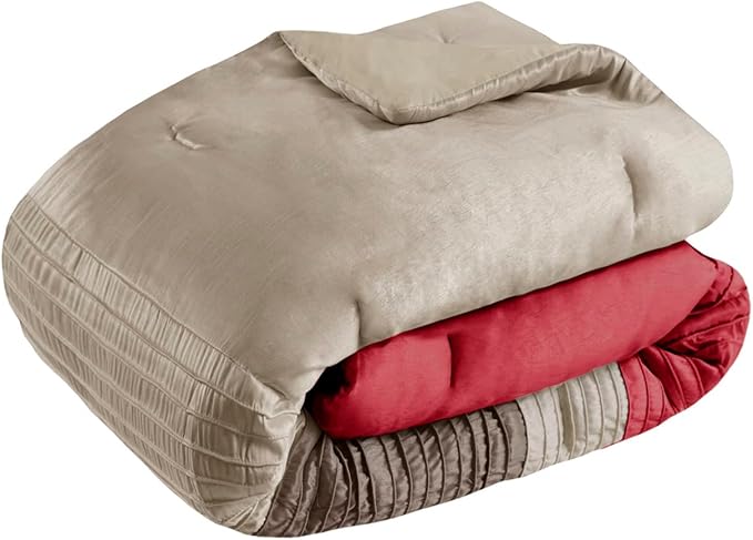 Madison Park Amherst Faux Silk Comforter Set-Casual Contemporary Design All Season Down Alternative Bedding, Matching Shams, Bedskirt, Decorative Pillows, Queen(90"x90"), Red, 7 Piece (MP10-037) - LeafyLoom