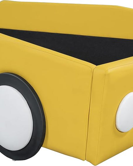 Twin Size Car Bed for Boys,Race Car-Shaped Wooden Platform Bedframe with Wheels & Safety Guardrail,Slats Support,Easy Assembly,Fun Play for Kids Toddlers Child's Bedroom,Yellow PU - LeafyLoom