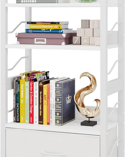 Small Bookshelf with Drawer - 4-Tier Wood Book Shelf Industrial Narrow Bookcase Storage Organizer Metal Stackable Shelves for Desktop Bedroom Living Room Home Office (White) - LeafyLoom