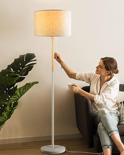 Modern Floor Lamp for Living Room Traditional Farmhouse Floor Lamps Mid-Century Pole Lamp with Linen Lamp Shade, Standing Tall Floor Lamps for Bedrooms and Office (White) - LeafyLoom