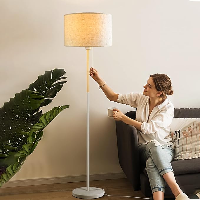 Modern Floor Lamp for Living Room Traditional Farmhouse Floor Lamps Mid-Century Pole Lamp with Linen Lamp Shade, Standing Tall Floor Lamps for Bedrooms and Office (White) - LeafyLoom