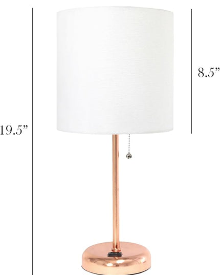 Simple Designs LT1144-RGD Sleek and Slender Rose Gold Table Lamp with Charging Outlet, for Bedroom, Living Room, Entryway, Office, Dining Room, Study, White Shade - LeafyLoom