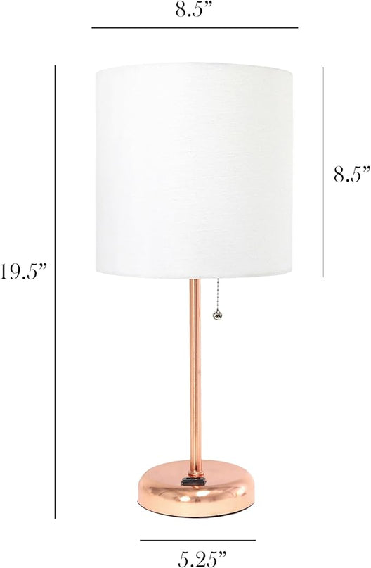 Simple Designs LT1144-RGD Sleek and Slender Rose Gold Table Lamp with Charging Outlet, for Bedroom, Living Room, Entryway, Office, Dining Room, Study, White Shade - LeafyLoom