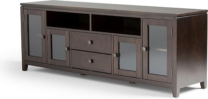 SIMPLIHOME Cosmopolitan SOLID WOOD Universal TV Media Stand, 72 inch Wide, Contemporary, Living Room Entertainment Center with Storage, for Flat Screen TVs up to 80 inches in Mahogany Brown - LeafyLoom