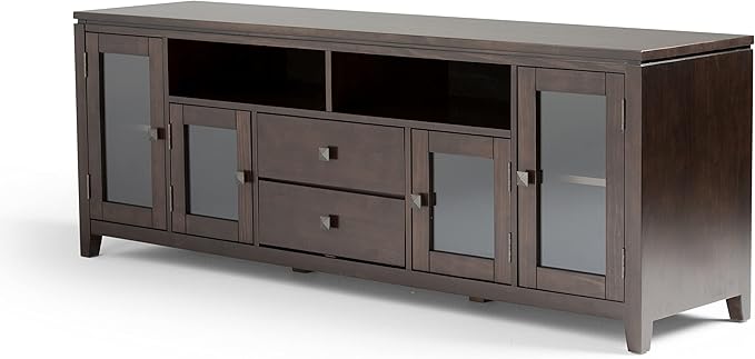 SIMPLIHOME Cosmopolitan SOLID WOOD Universal TV Media Stand, 72 inch Wide, Contemporary, Living Room Entertainment Center with Storage, for Flat Screen TVs up to 80 inches in Mahogany Brown - LeafyLoom