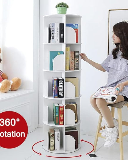 5 Tier Rotating Bookshelf 360° Revolving Bookcase Modern Tall Book Shelf Storage Display Rack Floor Standing Shelves with Baffle for Home Living Room Study Office White 63''X18''X18'' - LeafyLoom