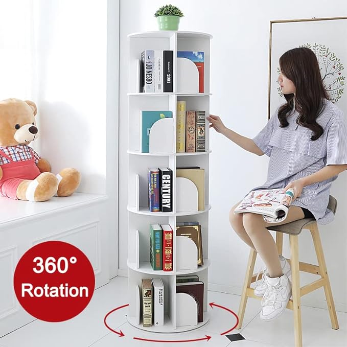 5 Tier Rotating Bookshelf 360° Revolving Bookcase Modern Tall Book Shelf Storage Display Rack Floor Standing Shelves with Baffle for Home Living Room Study Office White 63''X18''X18'' - LeafyLoom