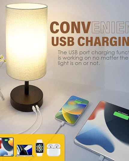 Yarra-Decor Bedside Lamp with USB Port - Touch Control Table Lamp for Bedroom 3 Way Dimmable Nightstand Lamp with Round Grey Fabric Shade for Living Room, Dorm, Home Office (LED Bulb Included) - LeafyLoom