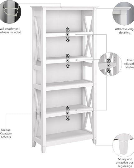 Bush Furniture Key West Tall 5 Shelf Bookcase in Pure White Oak - LeafyLoom