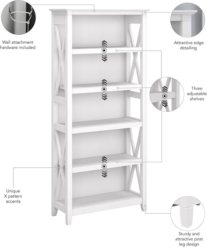 Bush Furniture Key West Tall 5 Shelf Bookcase in Pure White Oak - LeafyLoom