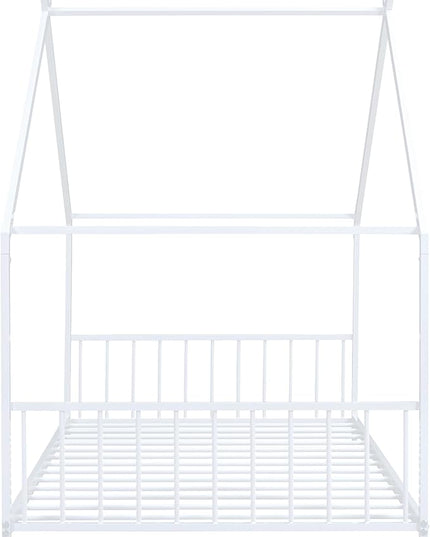 RITSU Twin Size Montessori Floor House Bed, Bedframe with Metal Slat & with Headboard and Footboard, Sturdy Construction, for Children's Room, Girls, Boys, White - LeafyLoom