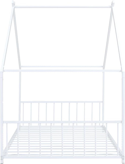 RITSU Twin Size Montessori Floor House Bed, Bedframe with Metal Slat & with Headboard and Footboard, Sturdy Construction, for Children's Room, Girls, Boys, White - LeafyLoom