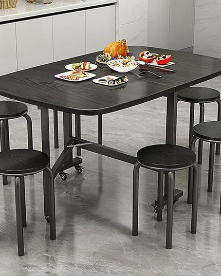 Multifunction Table Drop Leaf Dining Table - 47" Solid Wooden Foldable Kitchen Table with 6 Wheels (Black) - LeafyLoom