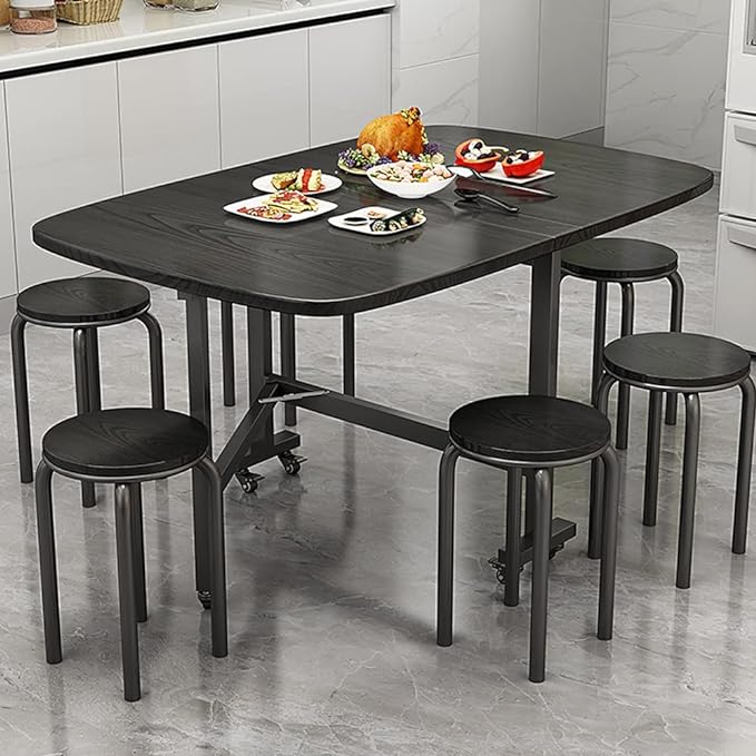 Multifunction Table Drop Leaf Dining Table - 47" Solid Wooden Foldable Kitchen Table with 6 Wheels (Black) - LeafyLoom