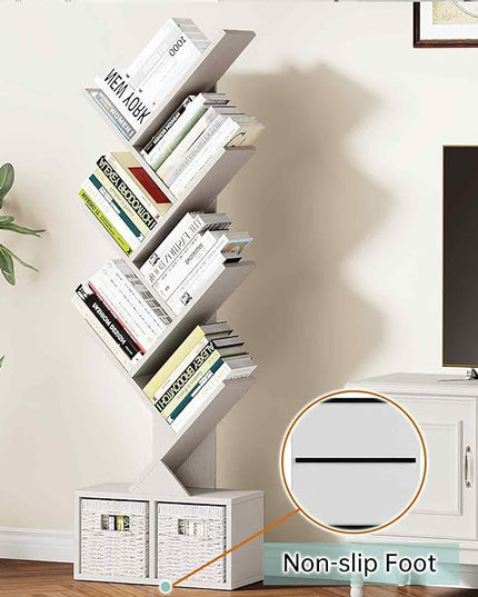 Vagusicc 6 Tier Tree Bookshelf - Modern Shelf Floor Standing Bookcase with Baskets, Tall Wood Book Storage Rack for Books/CDs, Tree Utility Book Organizer Shelves for Living Room, Home Office, Bedroom - LeafyLoom