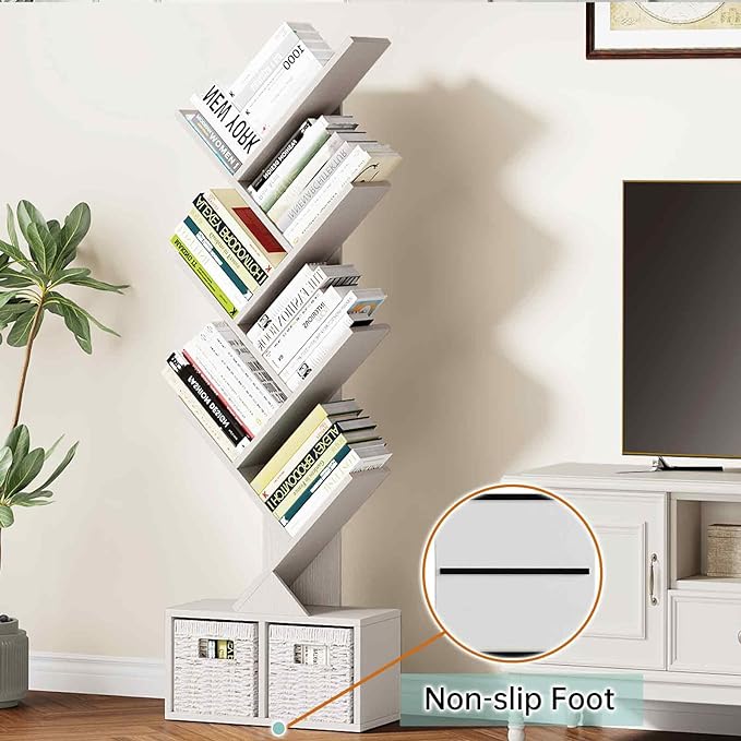 Vagusicc 6 Tier Tree Bookshelf - Modern Shelf Floor Standing Bookcase with Baskets, Tall Wood Book Storage Rack for Books/CDs, Tree Utility Book Organizer Shelves for Living Room, Home Office, Bedroom - LeafyLoom