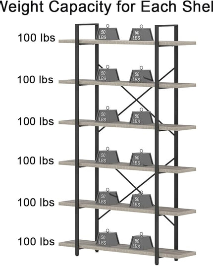 HSH 6 Tier Tall Bookshelf, Wood and Metal Vertical Display Book Shelf, Industrial 6 Shelf Bookcases and Book Shelves Storage Rack, Large Open Book Case for Bedroom Living Room Office, Light Grey Oak - LeafyLoom
