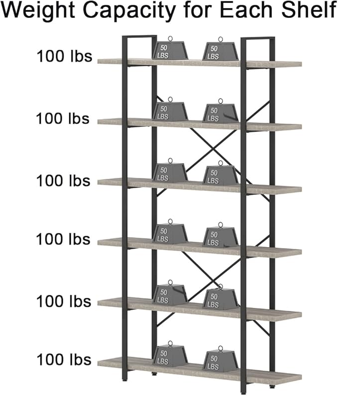 HSH 6 Tier Tall Bookshelf, Wood and Metal Vertical Display Book Shelf, Industrial 6 Shelf Bookcases and Book Shelves Storage Rack, Large Open Book Case for Bedroom Living Room Office, Light Grey Oak - LeafyLoom