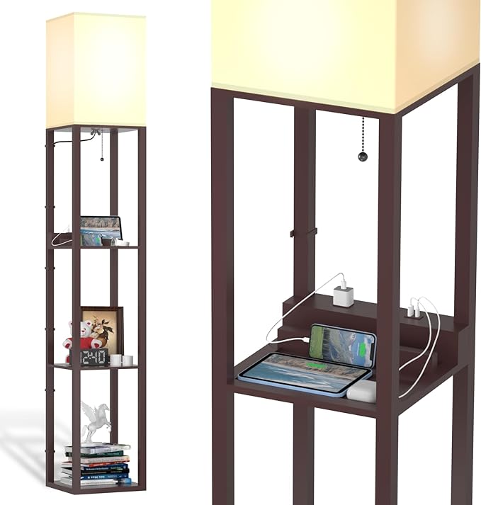 PAZZO Floor Lamp with Shelves, Shelf Floor Lamps by Solid Wood with 2 Charging Ports and 1 Power Outlet, Floor Lamps for Bedrooms, Lamps for Living Room, Brown Color - LeafyLoom
