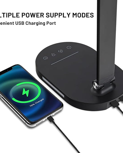 LED Desk Lamp for Home Office, Dimmable Table Lamp with USB Charging Port, 5 Lighting Modes, Sensitive Control, 60 Minutes Auto-Off Timer, Eye-Caring Office Lamp(Black) - LeafyLoom