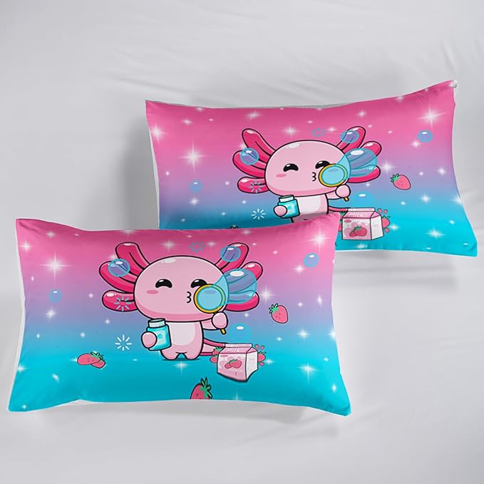 Kawaii Axolotl Comforter,Pink Salamander Comforter Set for Kids Teens Girls,3Pcs Bedding Set Printed Comforter with 2 Pillowcases,Down Alternative,Soft and Lightweight(Pink，Queen Size) - LeafyLoom