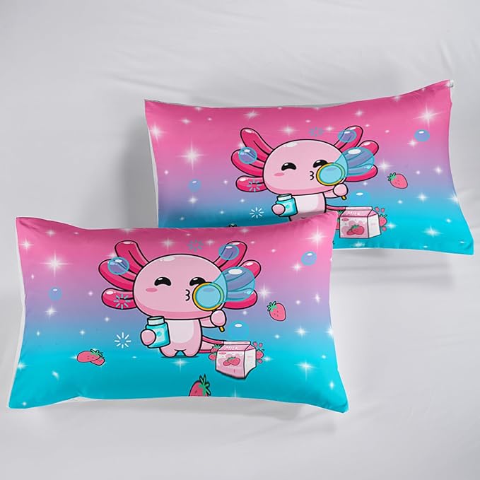 Kawaii Axolotl Comforter,Pink Salamander Comforter Set for Kids Teens Girls,3Pcs Bedding Set Printed Comforter with 2 Pillowcases,Down Alternative,Soft and Lightweight(Pink，Full Size) - LeafyLoom