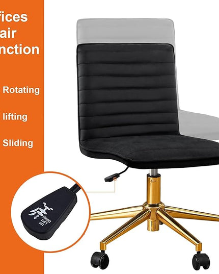 Furniliving Home Office Chair, Armless Vanity Chair with Wheels Swivel Velvet Computer Rolling Desk Chair with Back, Adjustable Accent Chair with Gold Metal Base Stool Chair,Black - LeafyLoom
