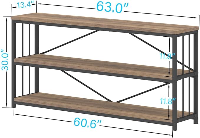 IBF Industrial 3 Tier Bookshelf, Rustic Low Wood and Metal Book Shelf, Farmhouse Long Wide Open Horizontal Bookcase, Modern Large Vintage Etagere for Home Office Bedroom Living Room, Rustic Oak, 63 In - LeafyLoom