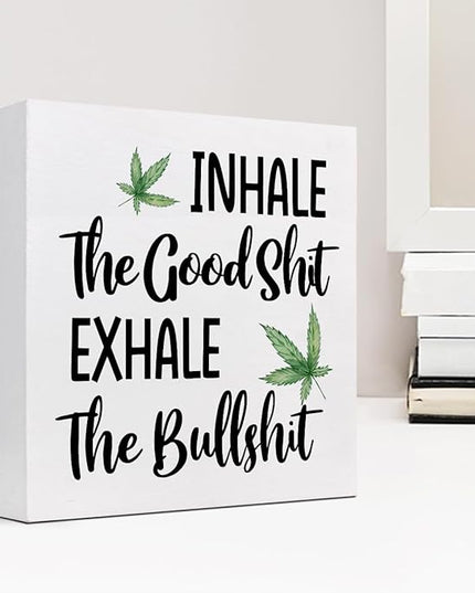 Funny Office Wood Sign,Inhale Exhale Meditation Quote Wood Block Sign Desk Decor,Funny Wooden Box Plaque Sign Desk Decor for Home Yoga Room Meditation Space Shelf Table Decorations - LeafyLoom
